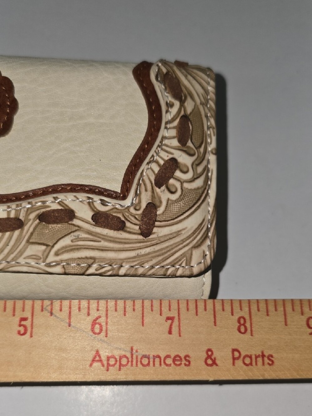 Cream and Brown Tooled Western Wallet with Turquoise Concho - Picture 8 of 10